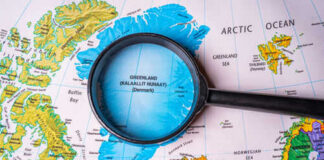 Magnifying glass over map of Greenland and Arctic Ocean