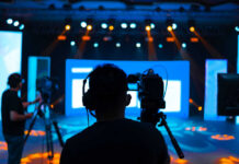 Cameramen preparing for a video shoot on a brightly lit stage