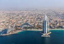 UAE’s Defense Tested: Missile Fire Over Dubai Aerial view of Dubai featuring the Burj Al Arab and surrounding buildings