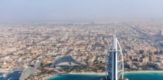 Aerial view of Dubai featuring the Burj Al Arab and surrounding buildings