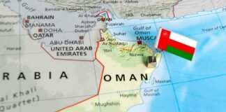 Map of Oman with a flag pin indicating its location