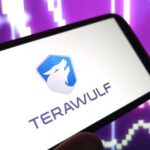 Mobile device displaying the Terawulf logo against a colorful data graph background