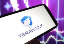Mobile device displaying the Terawulf logo against a colorful data graph background