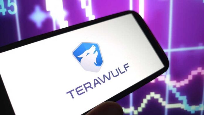 Mobile device displaying the Terawulf logo against a colorful data graph background
