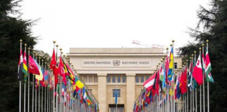 United Nations building with international flags displayed outside