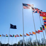 Many national flags flying in clear blue sky