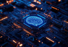 Glowing brain image on a microchip circuit board