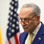 Man in suit and glasses with flags in background