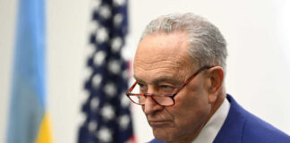 Man in suit and glasses with flags in background