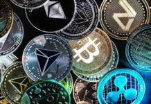 Various cryptocurrency coins with different symbols displayed
