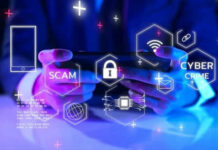 Person using tablet surrounded by cybersecurity icons