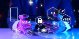 Person using tablet surrounded by cybersecurity icons