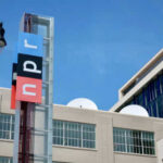 NPR building with logo and streetlight nearby