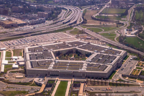Aerial view of the Pentagon surrounded by roads and parking lots