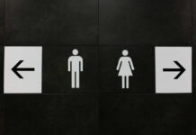 Restroom signs indicating male and female facilities with directional arrows