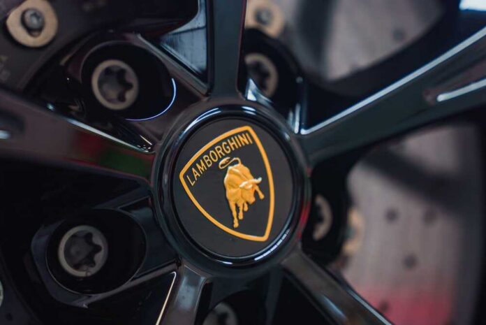Close-up of a Lamborghini wheel with logo
