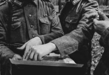 Soldiers in military uniforms examining a map together