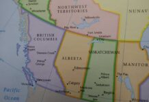 Map showing the provinces of British Columbia, Alberta, and Saskatchewan in Canada