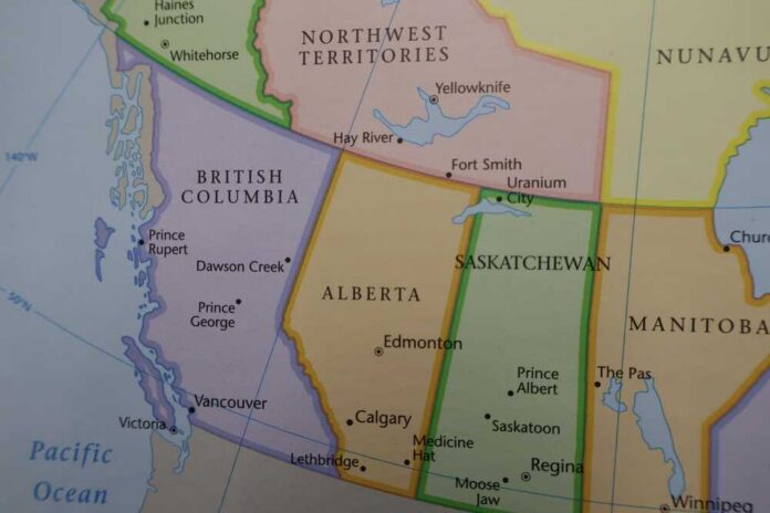 Map showing the provinces of British Columbia, Alberta, and Saskatchewan in Canada