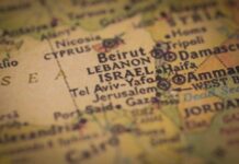 Close-up of a map showing Lebanon and Israel