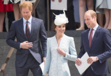 Members of the royal family at an outdoor event, dressed in formal attire