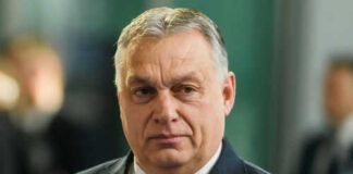 Man wearing suit with orange tie indoors