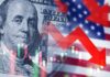US dollar bill with red downward arrow and stock chart