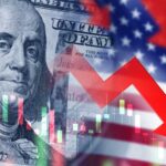 US dollar bill with red downward arrow and stock chart