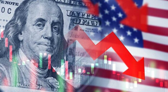 US dollar bill with red downward arrow and stock chart
