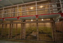 Prison cell block with barred doors and two tiers