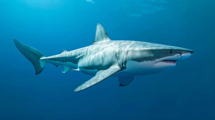 Great white shark swimming underwater.