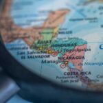 Close-up view of a map of Central America with a focus on Nicaragua
