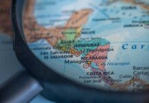 Close-up view of a map of Central America with a focus on Nicaragua