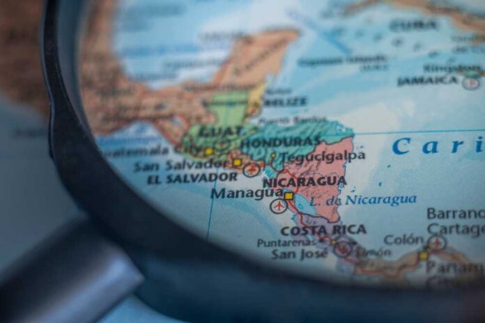 Close-up view of a map of Central America with a focus on Nicaragua