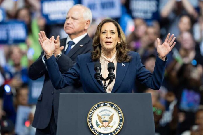 Vice,President,Kamala,Harris,Speaks,At,The,Rally,In,Liacouras A female politician speaking at a podium with an audience in the background