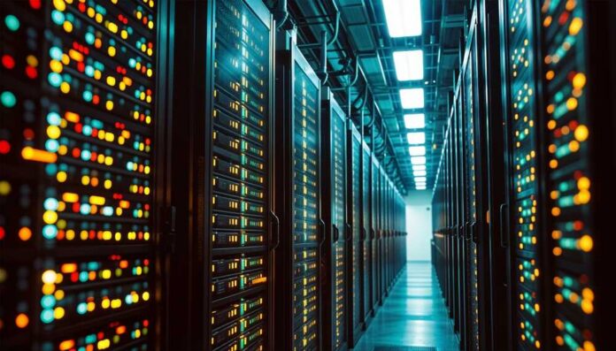 Interior view of a data center with illuminated server racks