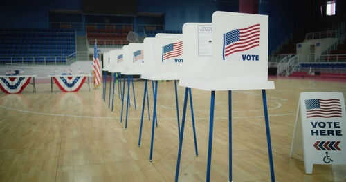 2454757817-1 Voting booths lined up in a gymnasium.