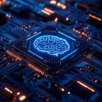 Circuit board with glowing brain chip design