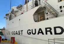 coast guard vessel docked at a pier