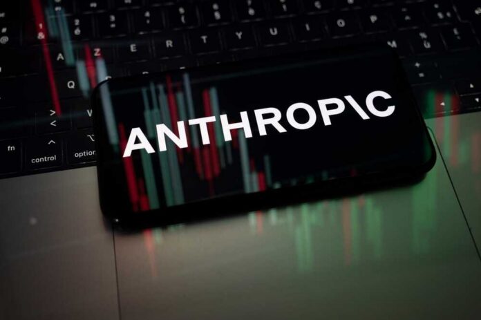 Paris,,France,,October,30,,2025:,The,Logo,Of,Claude,Artificial Smartphone displaying the word 'ANTHROPIC' over a background of financial graphs