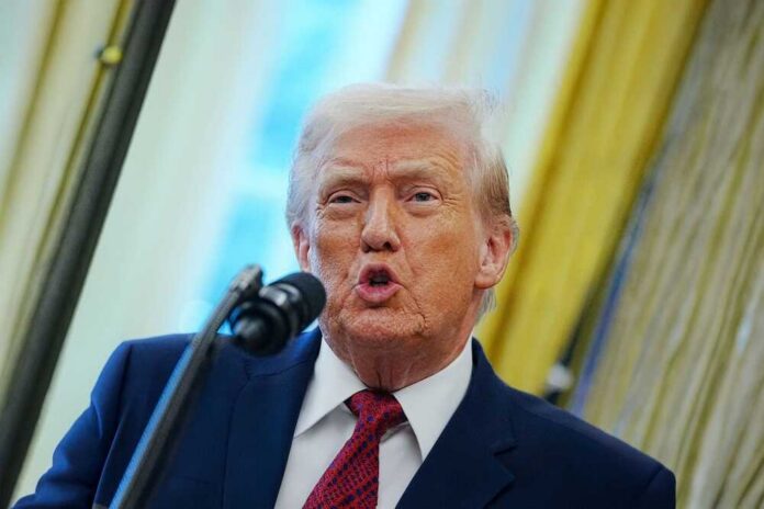 President,Donald,Trump,Speaks,During,Mexican,Border,Defense,Medal,Ceremony A man speaking into a microphone during a public address