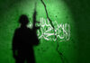 Silhouette of armed soldier before cracked green wall with white script