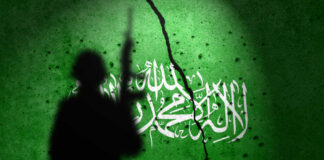 Silhouette of armed soldier before cracked green wall with white script