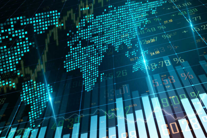 trading277609450 Digital world map with financial data overlay