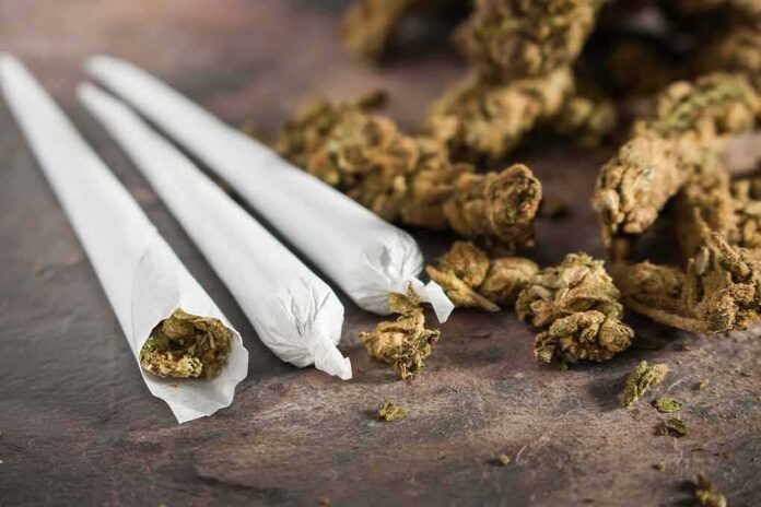 shutterstock_1047100399-1 Three cannabis joints beside loose marijuana buds