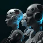 row of humanoid robots with mechanical heads in profile