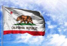 California state flag waving against a blue sky
