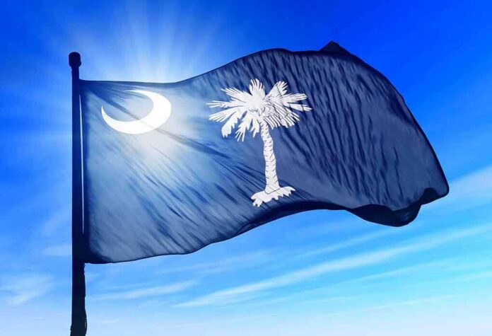 shutterstock_157680278 South Carolina state flag waving against a blue sky