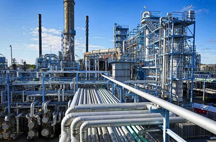 Industrial refinery with pipelines and distillation towers under blue sky