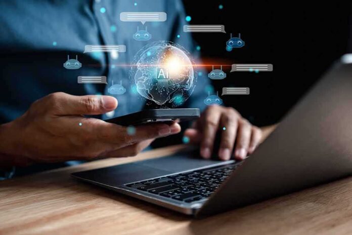 Person using smartphone and laptop with AI hologram